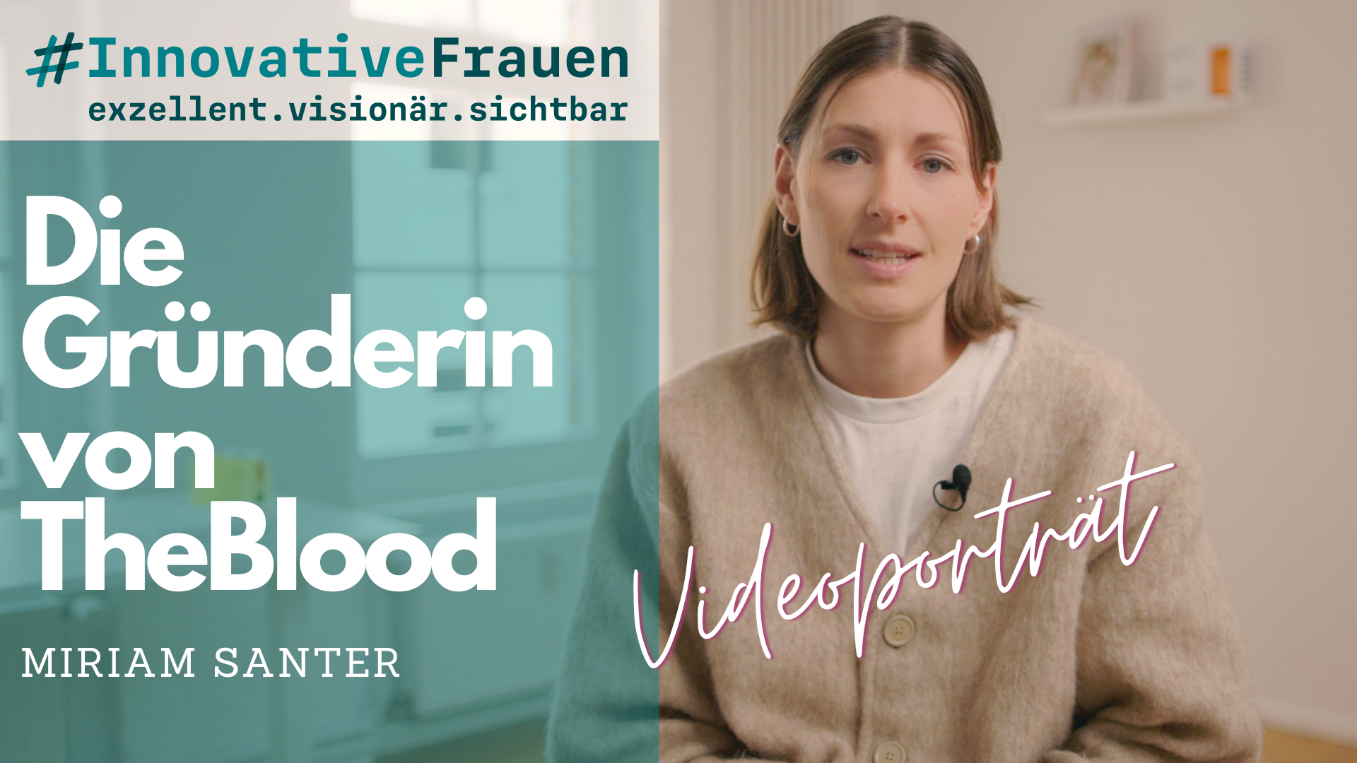 Grafik mit der Aufschrift "Videoporträt - Die Gründerin von TheBlood, Miriam Santer