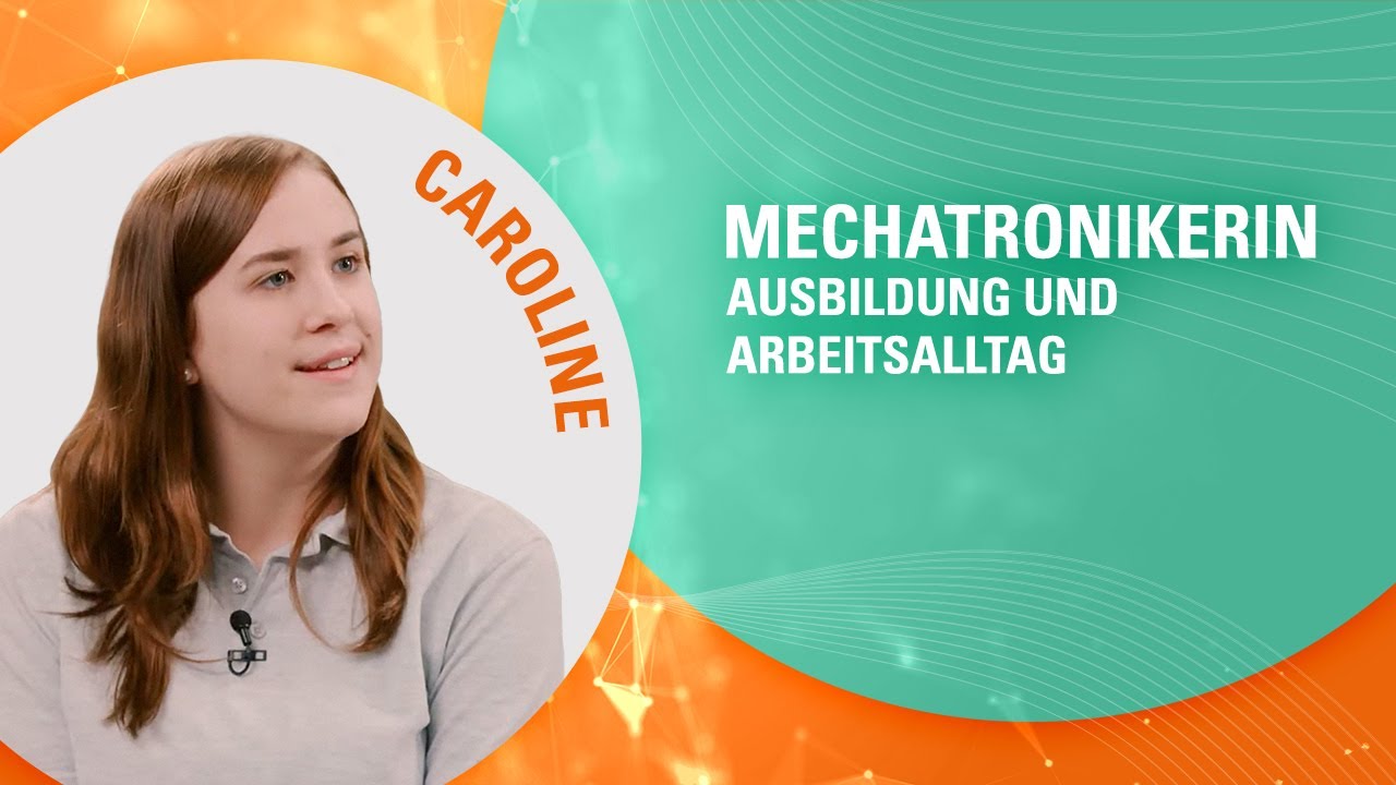 Seitliche Aufnahme von Caroline mit der Aufschrift "Mechatronikerin - Ausbildung und Arbeitsalltag"