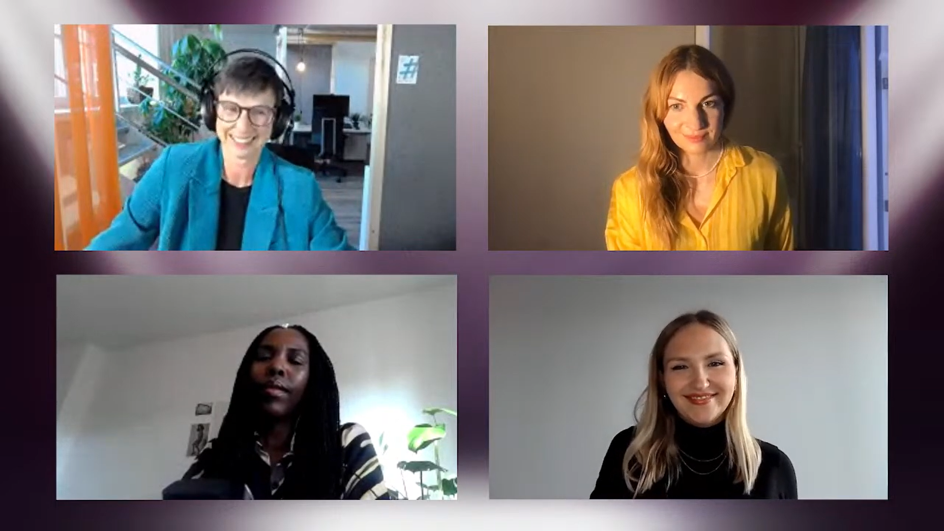 Screenshot des Live-Streamings mit den Referentinnen Katharina Kreutzer, Julia A. Müller und Beatrace Angut Lorika Oola und der Moderatorin Karin Lühmann