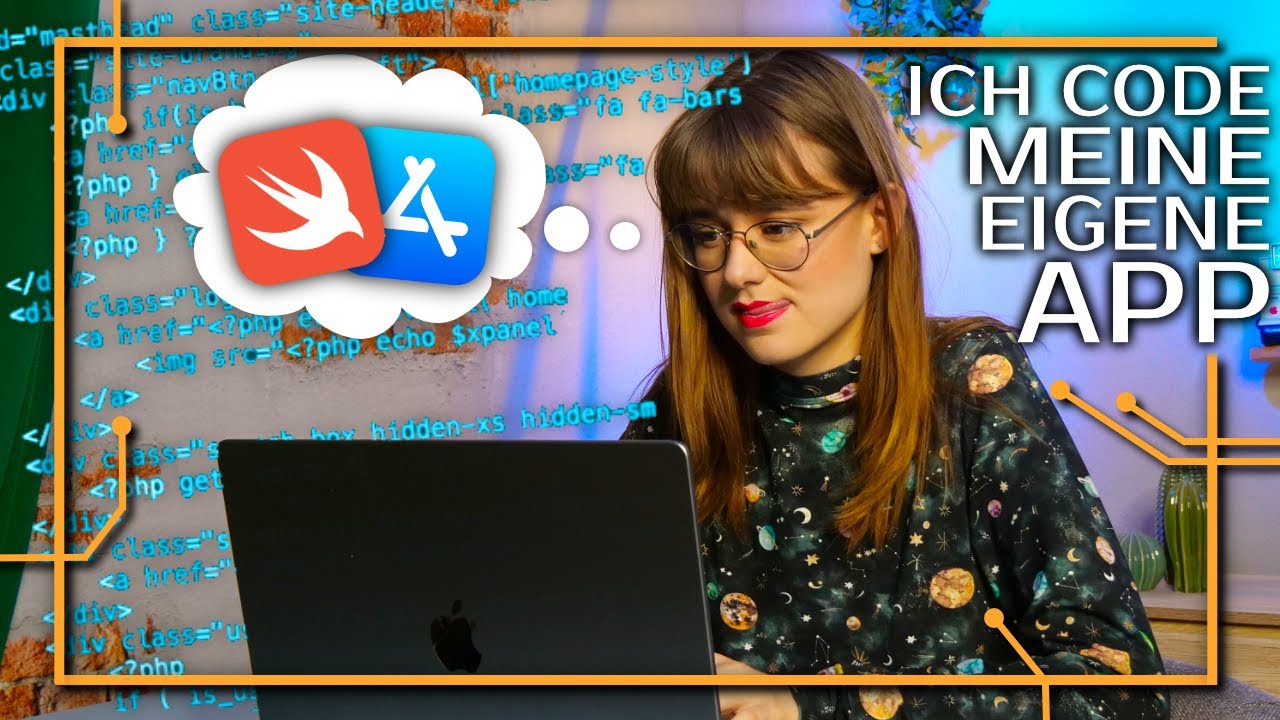 Ich code meine eigene App. Vera Bauer sitzt vor einem Laptop, im Hintergrund Quellcode.