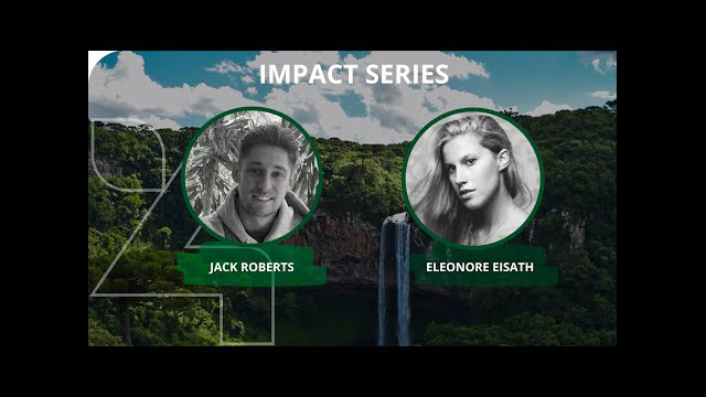 Fotos von Eleonore Eisath und Jack Robertsim Vordergrund. Im Hintergrund Landschaft mit Wäldern, Bergen, Wasserfall.