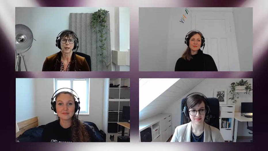 Screenshot des Live-Streamings mit den Referentinnen Flora Geske, Dr.’in Isabel Rink und Dr.’in Marília Jöhnk und Moderatorin Karin Lühmann