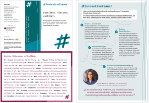 Informationsflyer der Plattform #InnovativeFrauen. Was ist die Plattform, Kontakt, Wichtige Aktionstage im Überblick