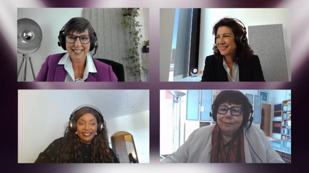Scrennshot des Talks mit Karin Lühmann, Barbara Lutz, Dr'in Irène Kilubi und Prof'in Barbara Schwarze