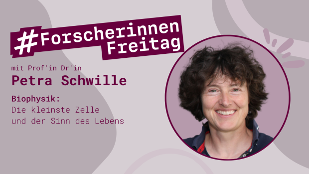 Grafik mit der Aufschrift #ForscherinnenFreitag und einem Porträt von Petra Schwille