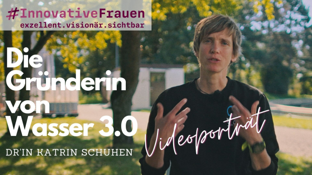 Grafik mit einem Porträt von Katrin Schuhen und der Aufschrift Videoporträt "Die Gründerin von Wasser 3.0"