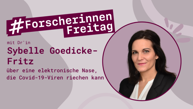 Grafik mit einem Porträt von Sybelle Goedicke-Fritz und der Aufschrift #ForscherinnenFreitag – Über eine elektronische Nase, die Covid-19-Viren riechen kann